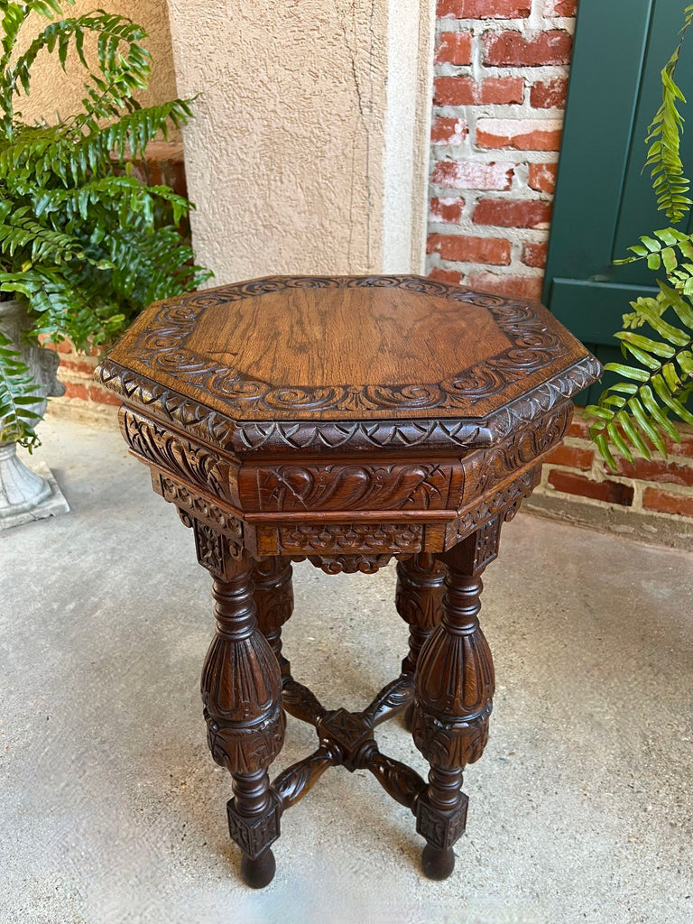 Petite Antique French Octagon Side TABLE Renaissance Carved Oak c1900