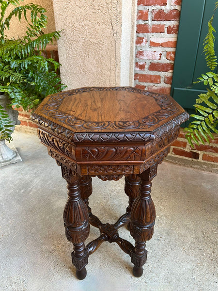 Petite Antique French Octagon Side TABLE Renaissance Carved Oak c1900