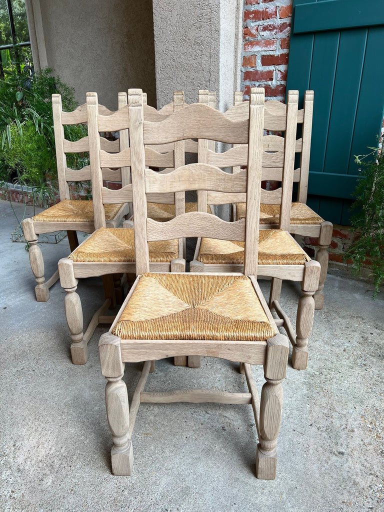 Set 6 Vintage French Ladder Back Dining Chairs Rush Seat Bleached Oak Farmhouse