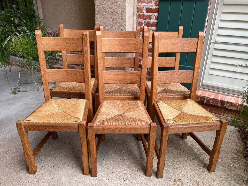 Set 6 Vintage French Ladder Back Dining Chairs Rush Seat Oak Country Farmhouse