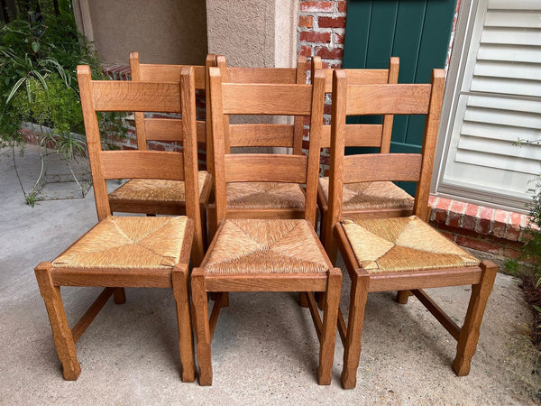 Set 6 Vintage French Ladder Back Dining Chairs Rush Seat Oak Country Farmhouse