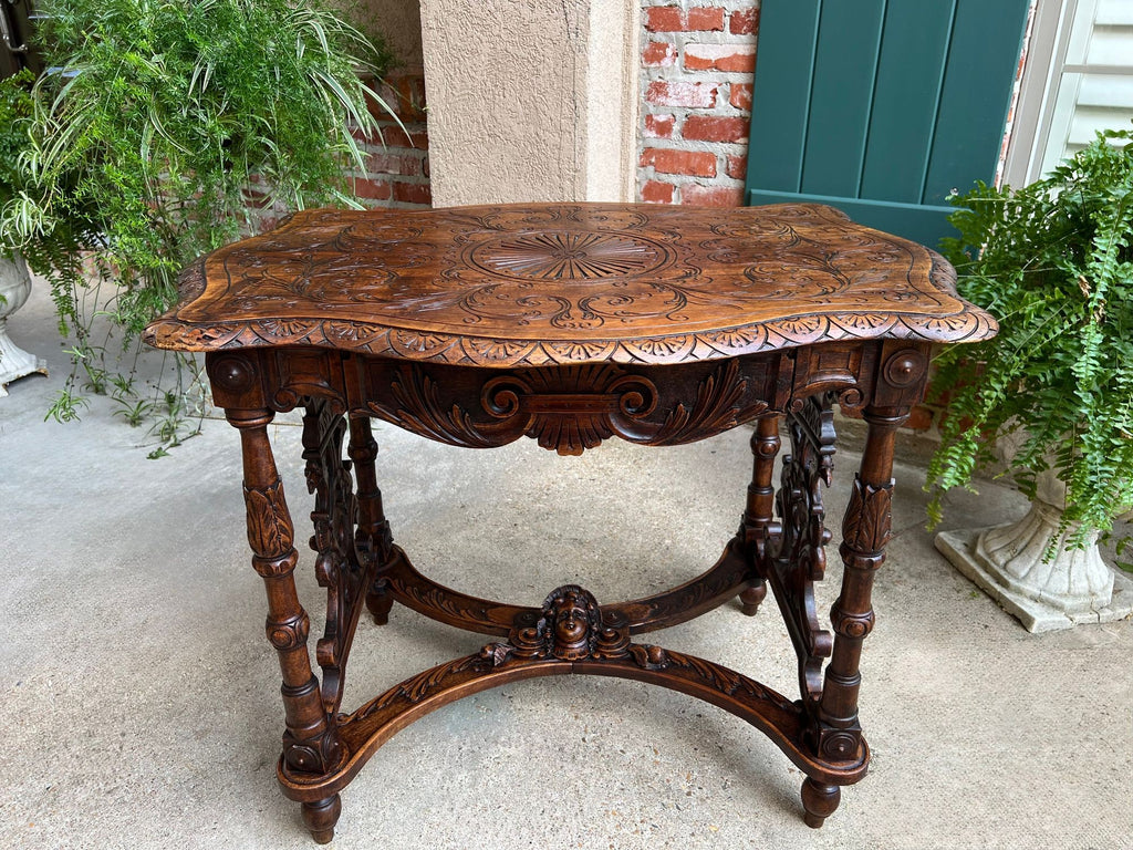 Antique French Sofa Hall Table Carved Oak Renaissance Revival Cherub End Table
