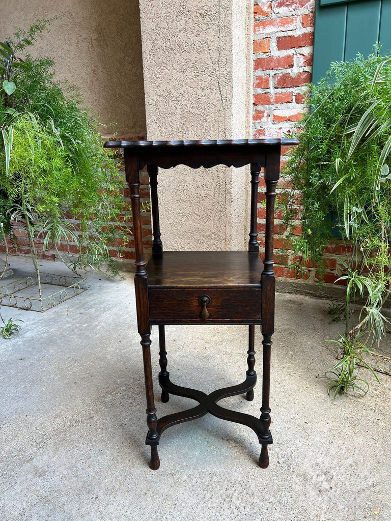 Antique English End Table SQUARE PETITE Jacobean Oak Two Tier c1900