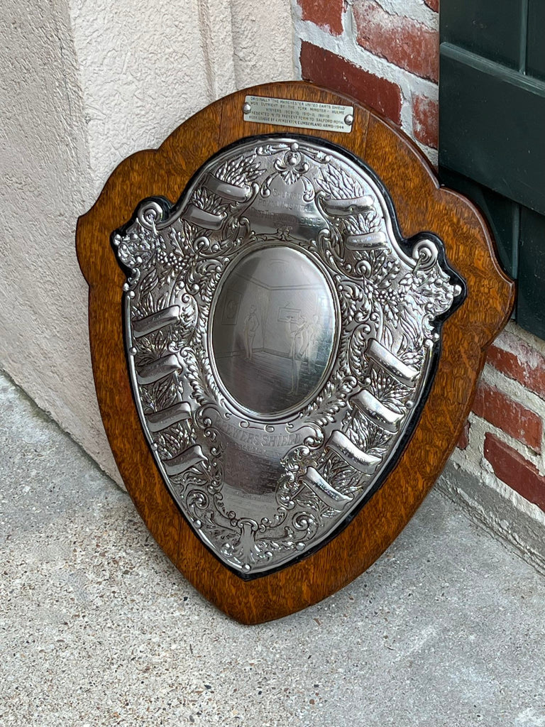 Antique English Dart Game Trophy Award Shield Oak Plaque Silver Plate c1909