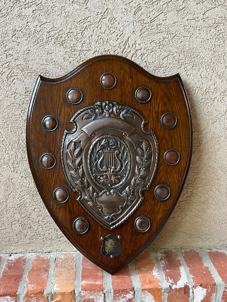 Antique English Choir Trophy Award Plaque Copper Repousse c1938 Lyre Harp