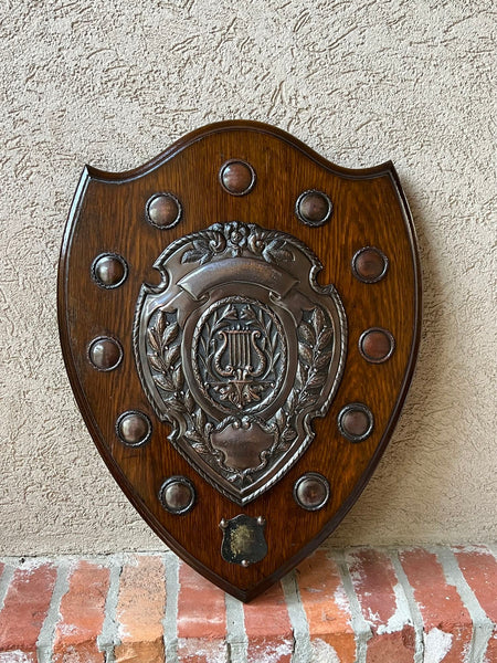 Antique English Choir Trophy Award Plaque Copper Repousse c1938 Lyre Harp