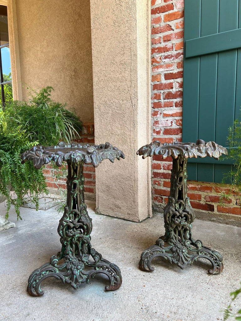 PAIR Antique French Round Side Table Grotto Rococo Cast Iron Plant Stand c1880