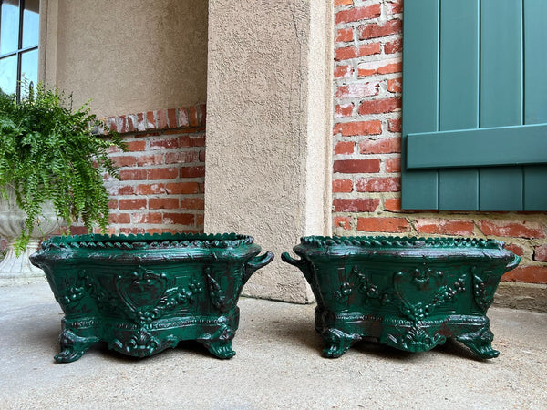 PAIR Antique French Cast Iron Jardiniere Large Footed Cache Pot Planter c1880