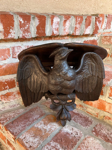 Antique French Wall Shelf Corbel Carved Eagle Black Forest Statue Wood c1880