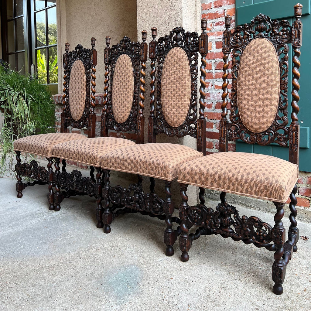 Set 4 TALL Antique French Dining Chair Barley Twist Renaissance Carved Oak 1890