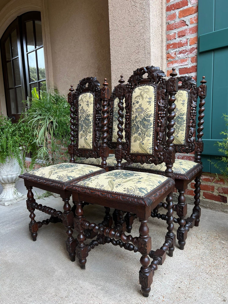 Set 4 Antique French Dining Chair Barley Twist Renaissance Carved Oak Green 1900