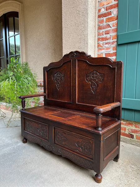 Antique French Louis XV Hall Bench Carved Oak Foyer Settee Lift Top Chest c1890