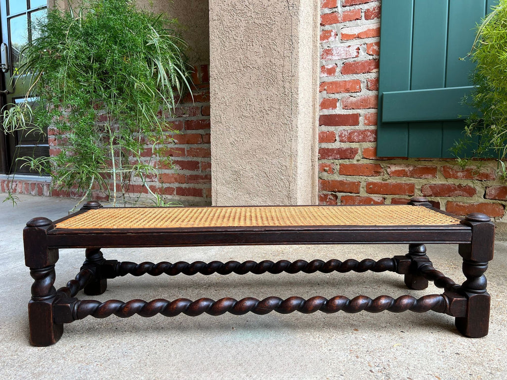 Antique English Barley Twist Stool Bench Oak Cane Jacobean Ottoman c1920