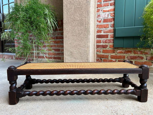 Antique English Barley Twist Stool Bench Oak Cane Jacobean Ottoman c1920