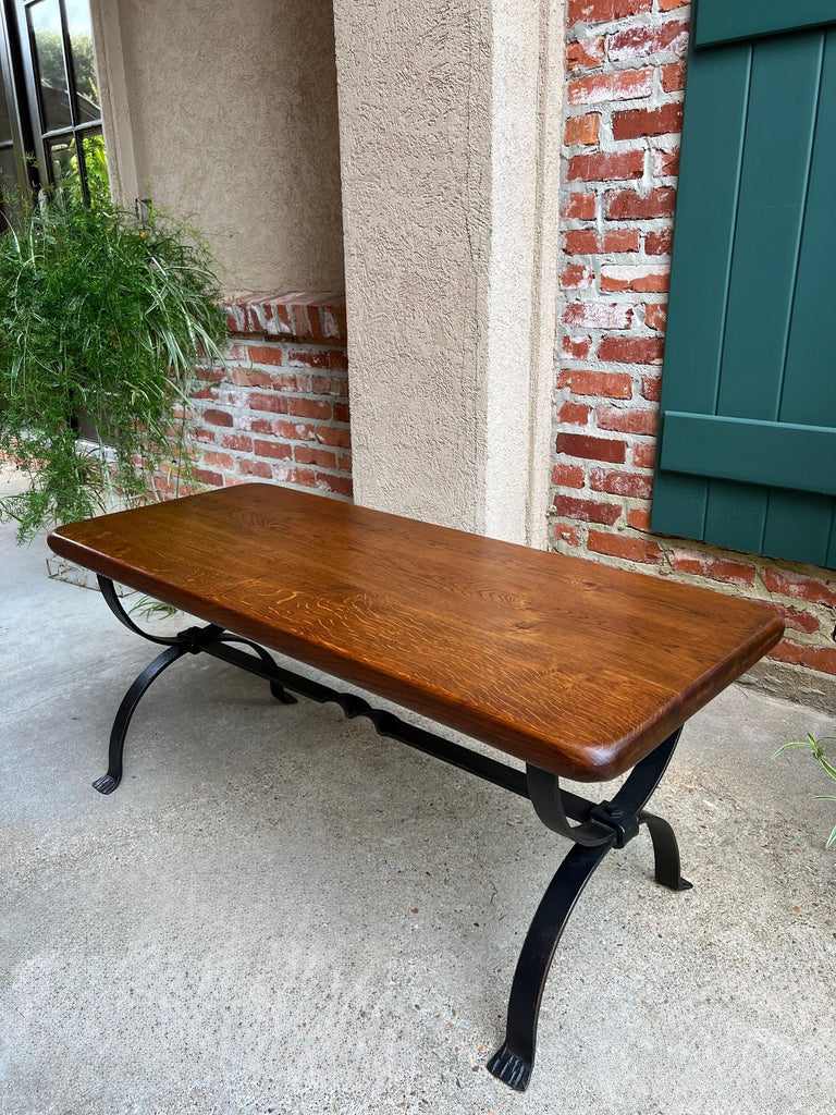 Antique French Coffee Table Bench Country Farmhouse Tiger Oak Wrought Iron c1920