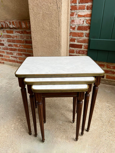 Set 3 Vintage French Nesting Table WHITE MARBLE Mahogany Louis XVI Maison Jansen