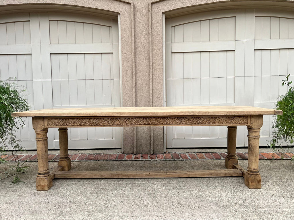 Antique French Dining Farm Table Bleached CARVED Oak 8 ft. LARGE c1880