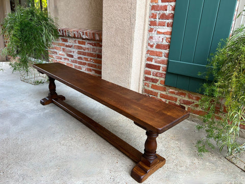 Antique French Tiger Oak Bench Dining Seat Farmhouse Country Ranch Vintage c1940