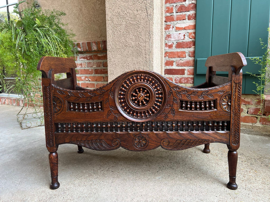 Antique French Carved Planter Breton Brittany Oak Doll Bed Fireside Box c1890