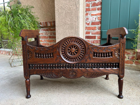 Antique French Carved Planter Breton Brittany Oak Doll Bed Fireside Box c1890