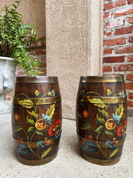 PAIR Set Antique English Oak Barrel Jardinière Planter Rosemaling Hand Painted