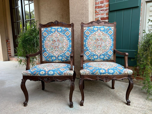 PAIR Antique French Dining Arm Chair Louis XV Carved Oak Blue Persian textile