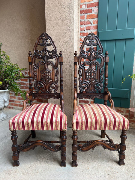 PAIR Antique French Dining Chairs Renaissance Revival Open Carved Oak SET of 2