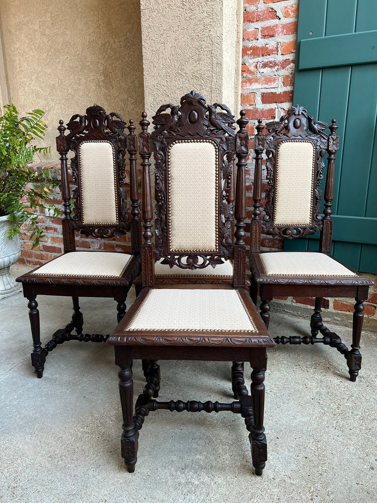Set 4 Antique French Dining Chairs Renaissance Carved Oak Bird Black Forest