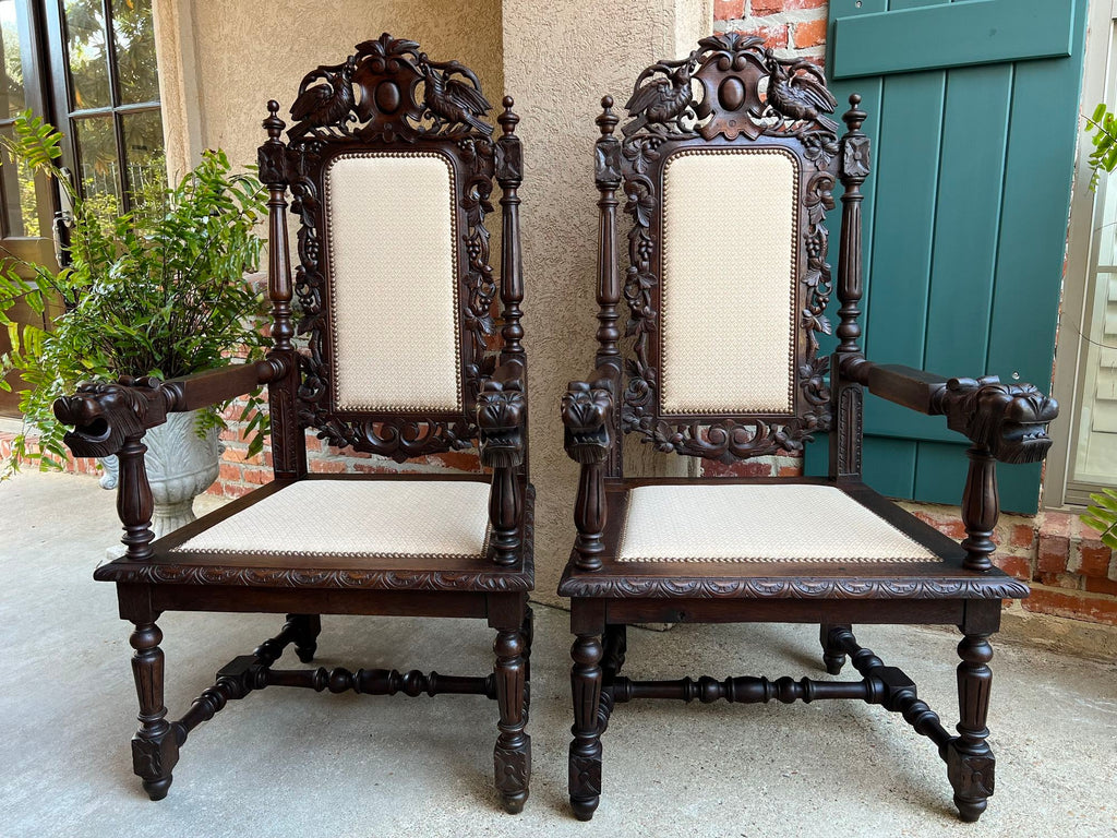 PAIR Antique French Arm Chair Dining Renaissance Carved Oak Bird Black Forest
