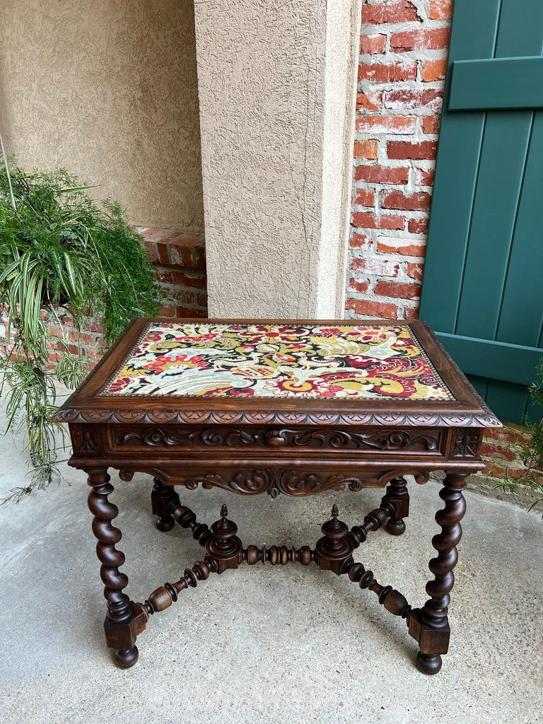 Antique French Sofa Table Writing Desk Barley Twist Carved Renaissance Tapestry