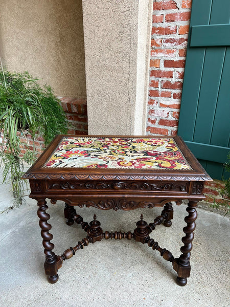 Antique French Sofa Table Writing Desk Barley Twist Carved Renaissance Tapestry