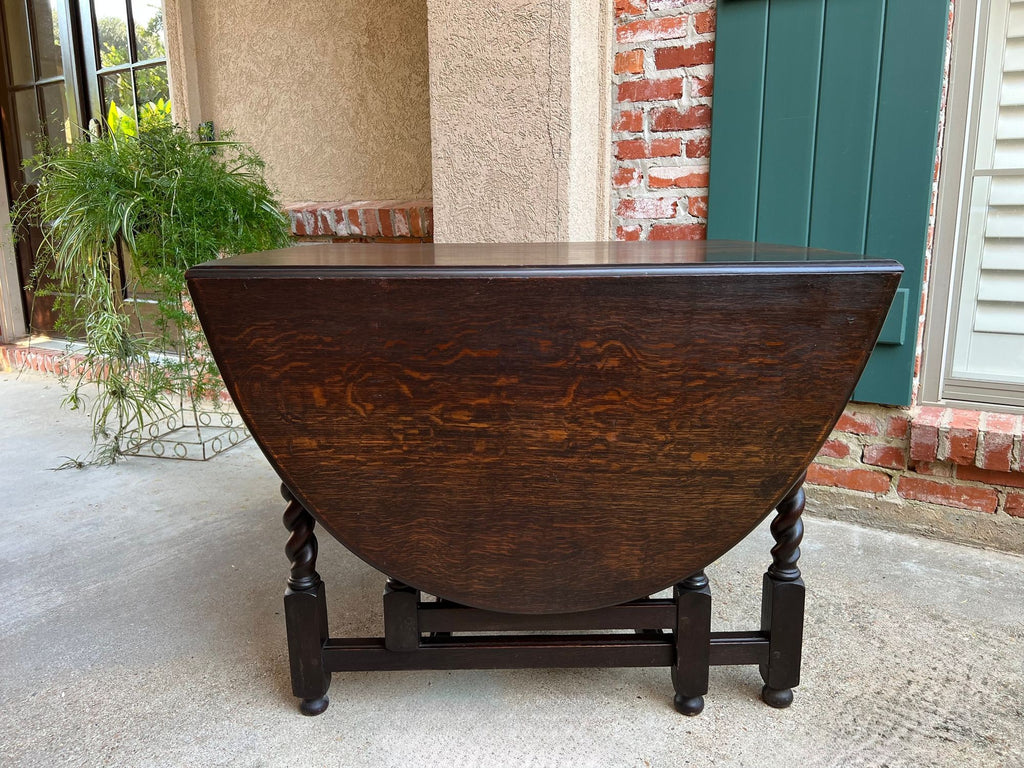 Antique English Drop Leaf Sofa Kitchen Table BARLEY TWIST Tiger Oak Gate Leg