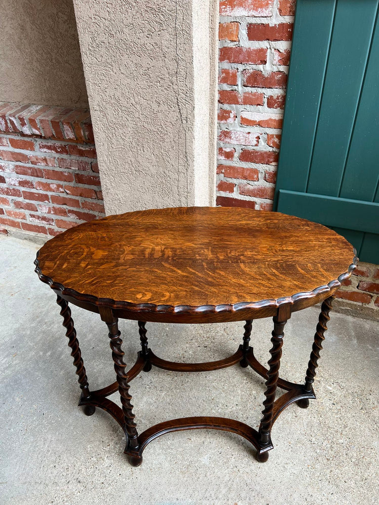 Antique English OVAL Side Center Table BARLEY TWIST Tiger Oak Jacobean c1920