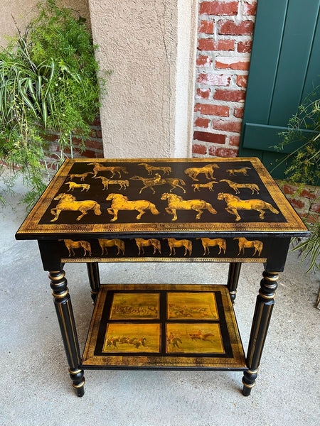Antique English Console Side Table Decoupage Horse Equestrian Fox Hunt c1890
