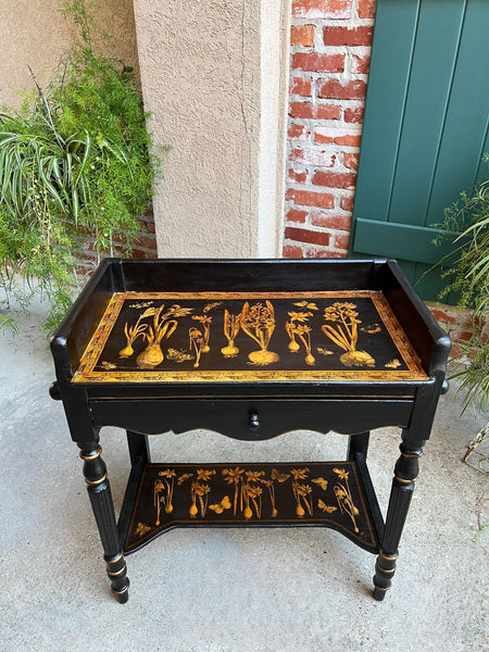 Antique English Sofa Side Table Decoupage Botanical Floral Black Gold c1890