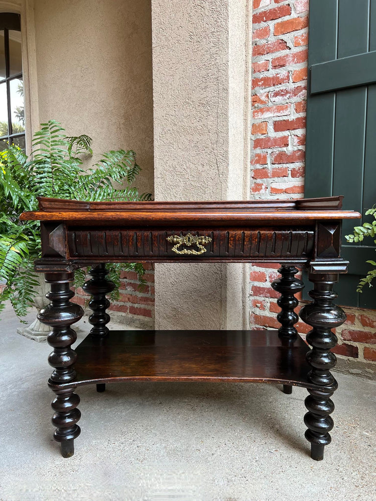 Antique English Hall Sofa Table Sideboard Carved Oak Bobbin Leg c1910