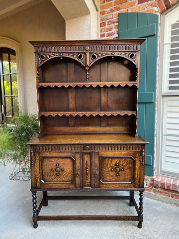Antique English Welsh Dresser Sideboard Barley Twist Carved Tiger Oak Farmhouse