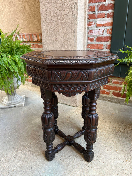 PETITE Antique French Octagon Center Side TABLE Side End Renaissance Carved Oak