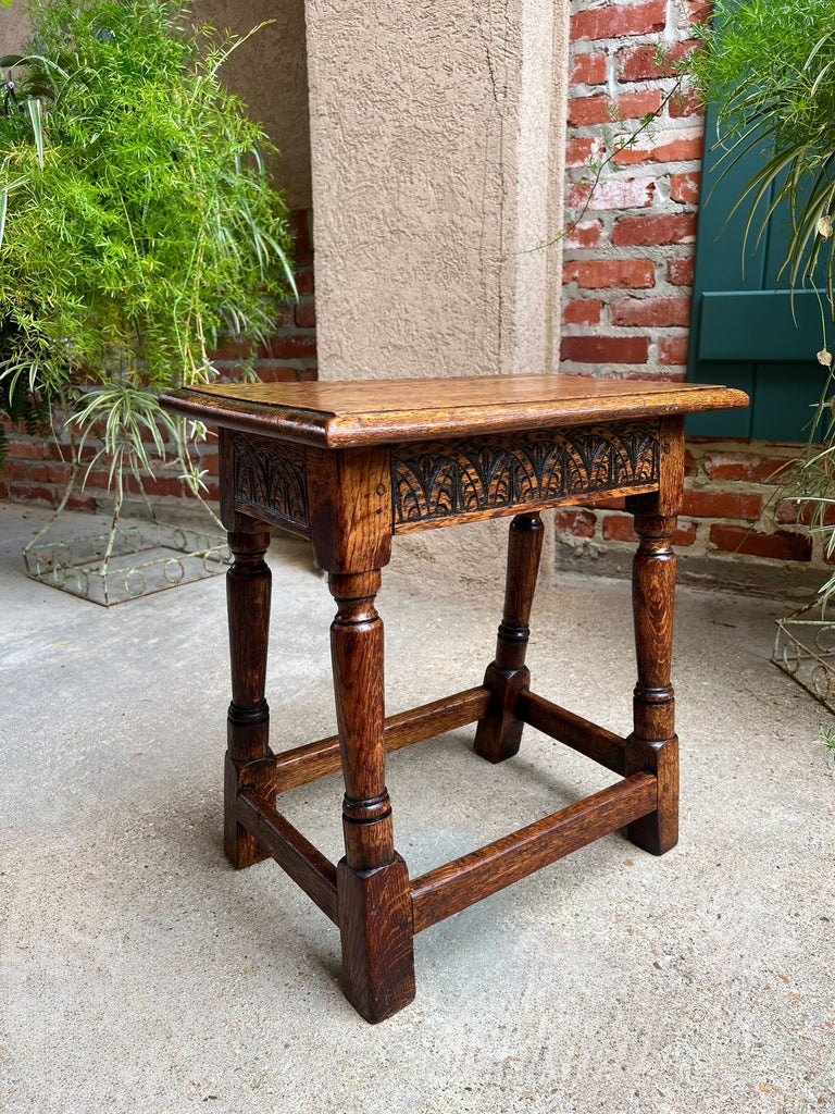 Antique English Footstool Bench Joint Stool Carved Oak Jacobean Stand c1900
