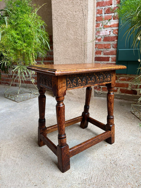 Antique English Footstool Bench Joint Stool Carved Oak Jacobean Stand c1900