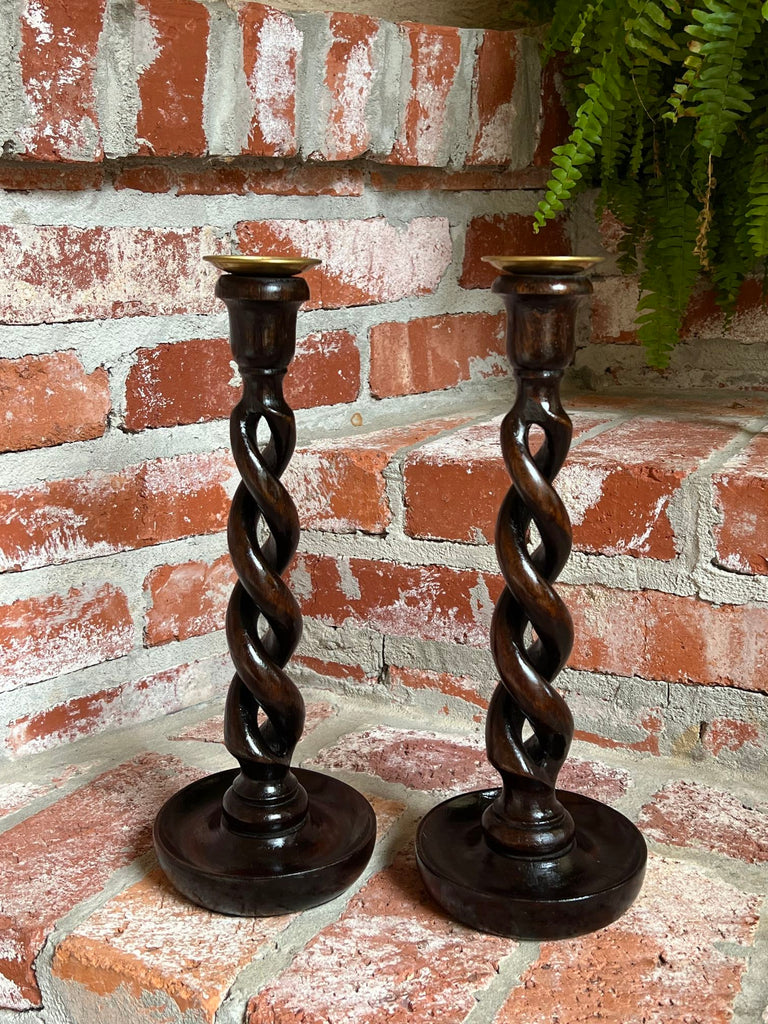 PAIR Set Antique English Oak OPEN Barley Twist Candlesticks Candle Holder Brass
