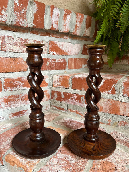 PAIR Set Antique English Oak OPEN Barley Twist Candlesticks Candle Holder Brass