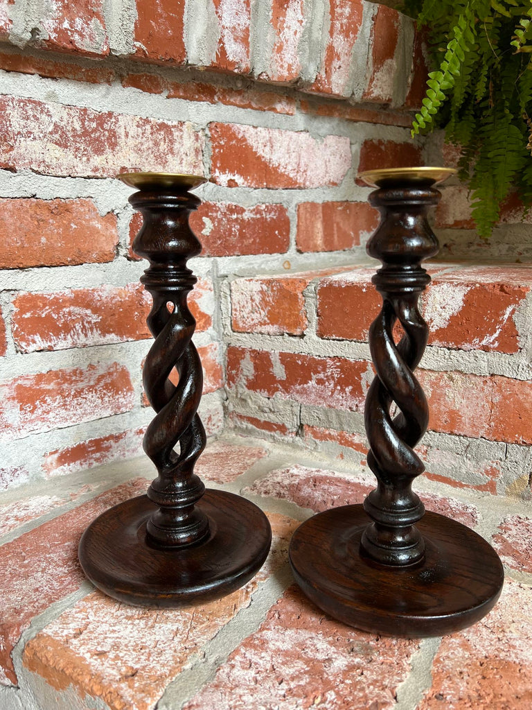 PAIR Set Antique English Oak OPEN Barley Twist Candlesticks Candle Holder Brass