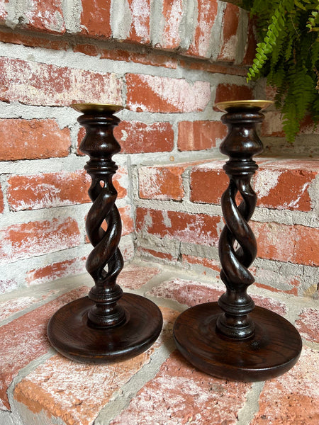 PAIR Set Antique English Oak OPEN Barley Twist Candlesticks Candle Holder Brass