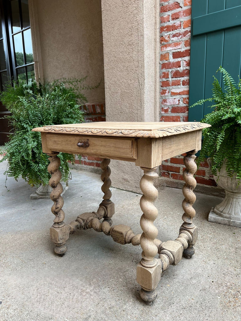Antique French Side Table Barley Twist Bleached Carved Oak Nightstand Louis XIII
