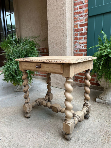 Antique French Side Table Barley Twist Bleached Carved Oak Nightstand Louis XIII