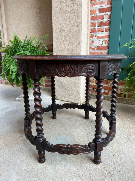 Antique French ROUND Side Center Table BARLEY TWIST Carved Oak Renaissance c1900