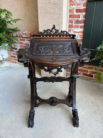 Antique French Writing Desk Secretary Black Forest Carved Oak Renaissance c1890