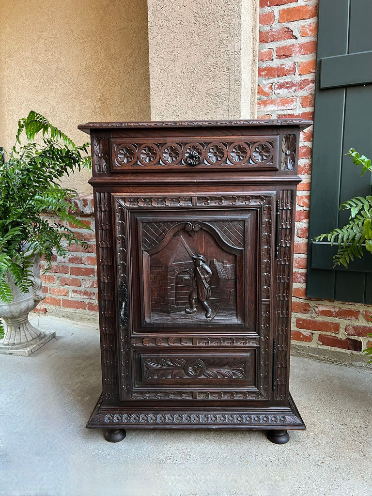 Antique French Carved Oak Cabinet Breton Brittany Cocktail Sideboard Server