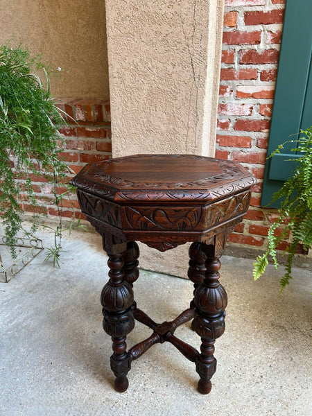 PETITE Antique French Octagon Center Side TABLE Renaissance Carved Oak c1890